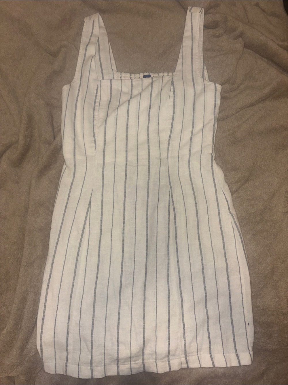 White Linen-Blend Mini Dress with Black Pinstripes - Sleeveless Square-Neck
